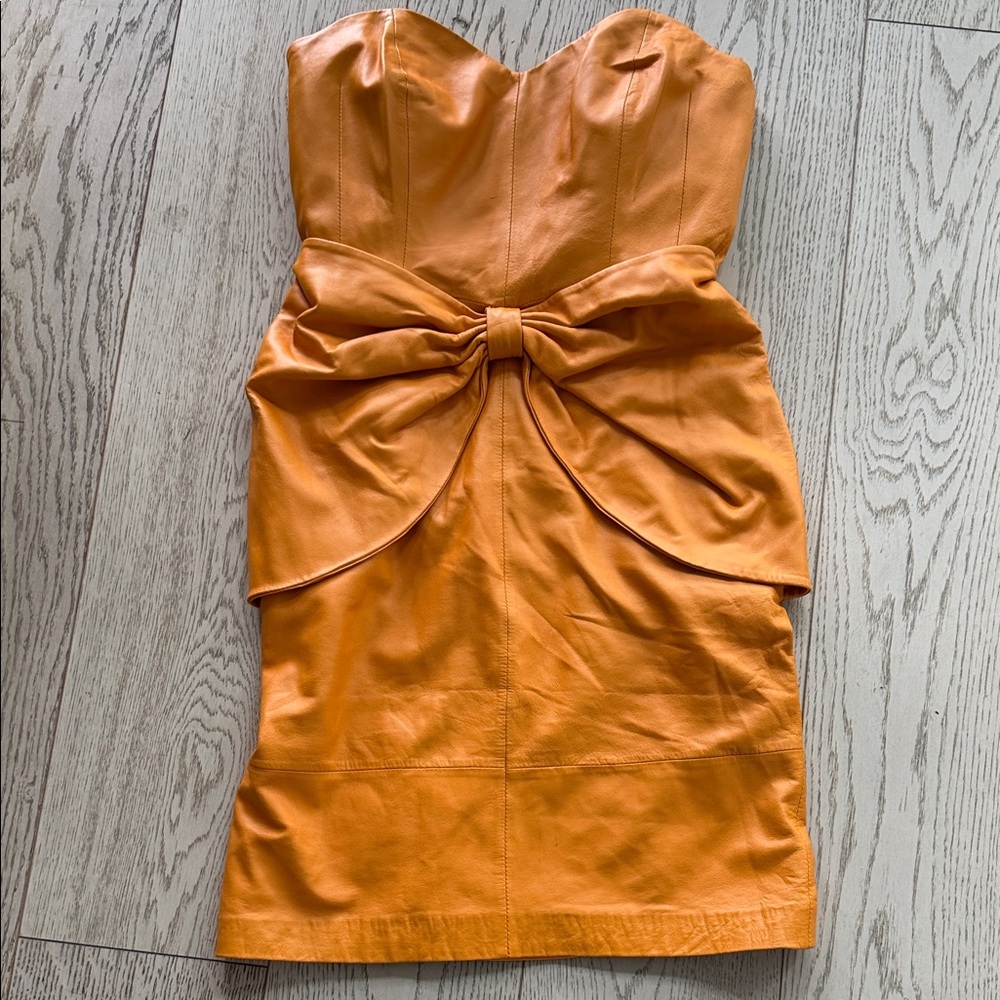 Badgley Mischka Strapless Orange Leather Dress with Bow Detail